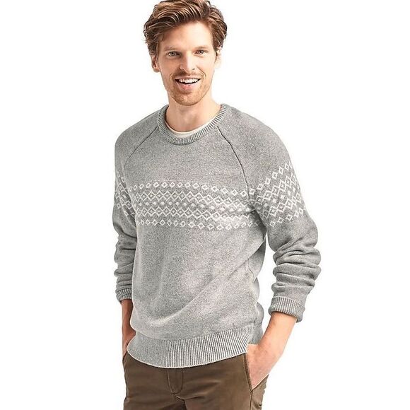 Gap Sweater Mens XL Gray Fair Isle Crew Neck Merino Wool Blend Pullover Casual - Picture 1 of 7